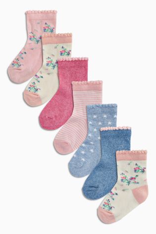 Pink Pretty Floral, Stripe and Star Socks Seven Pack (Younger Girls)